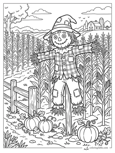 Cartoon scarecrow with patched hat among corn stalks, pumpkins, fence, and distant barn