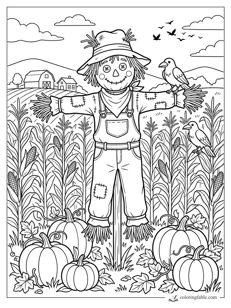 Scarecrow with button eyes, crows, pumpkins, corn rows, clouds, hills, barn and farmhouse in October field