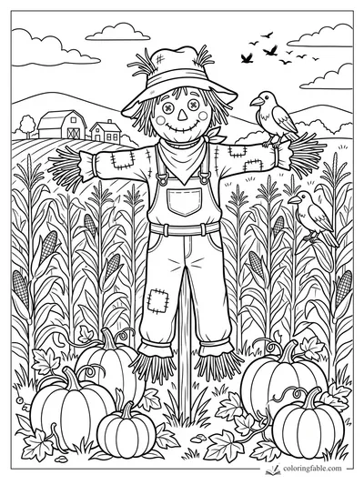 Scarecrow with button eyes, crows, pumpkins, corn rows, clouds, hills, barn and farmhouse in October field