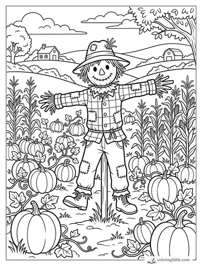 Smiling scarecrow with straw hat in a pumpkin patch, cornfield, rolling hills, barns, and autumn trees