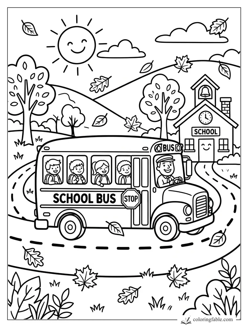 Easy coloring page of a school bus with children, driver, schoolhouse, sun, hills, and falling leaves.