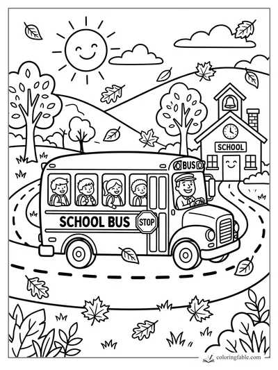 Easy coloring page of a school bus with children, driver, schoolhouse, sun, hills, and falling leaves.