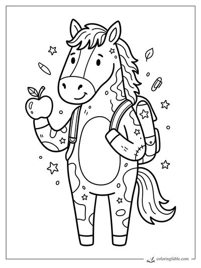 Doodle horse wearing a star backpack and holding an apple, with leaves, clips, dots, and stars around it.