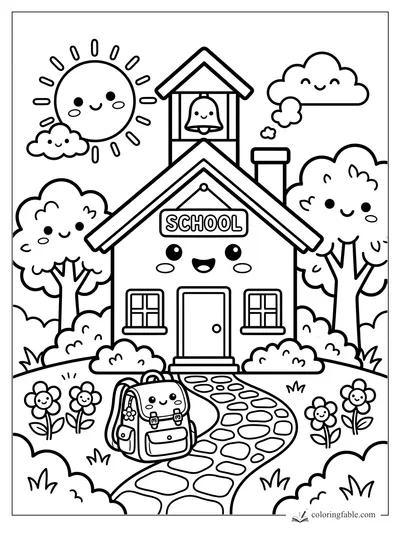 Kawaii schoolhouse with a smiling backpack, bell tower, sun, clouds, trees, flowers, and stone path.