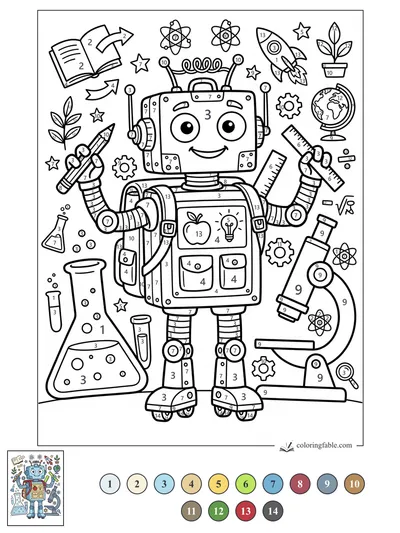 Smiling Science Robot with Pencil and Ruler — color by number