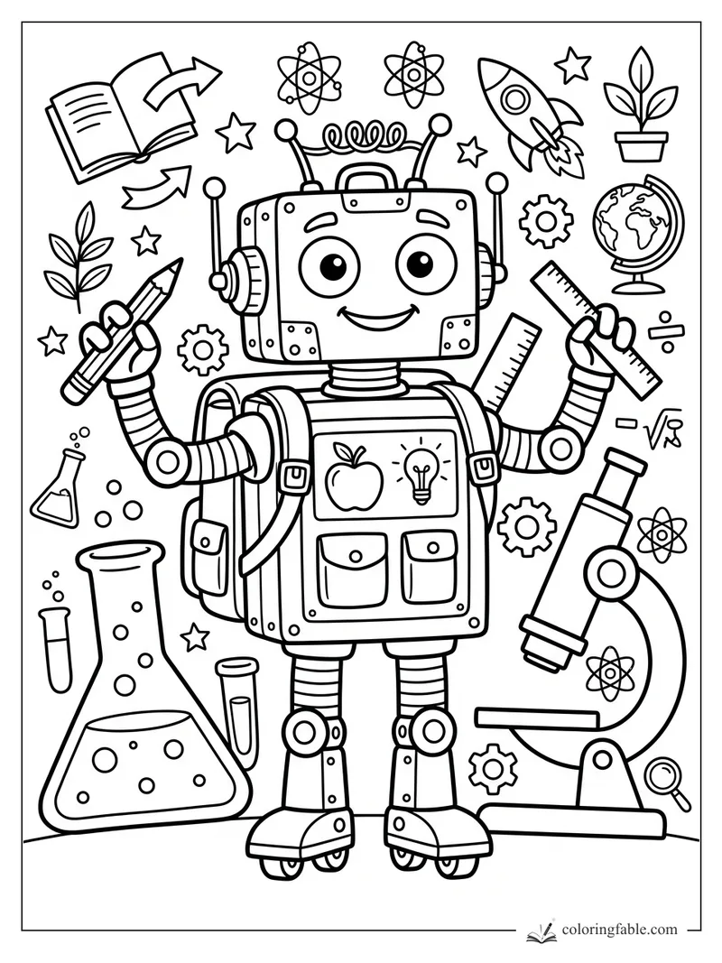 Doodle coloring page of a smiling robot holding a pencil and ruler with science lab icons around it