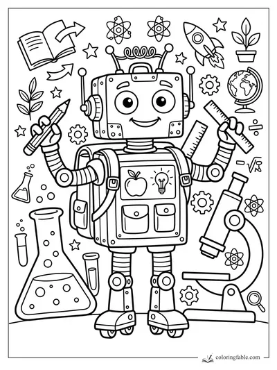 Doodle coloring page of a smiling robot holding a pencil and ruler with science lab icons around it