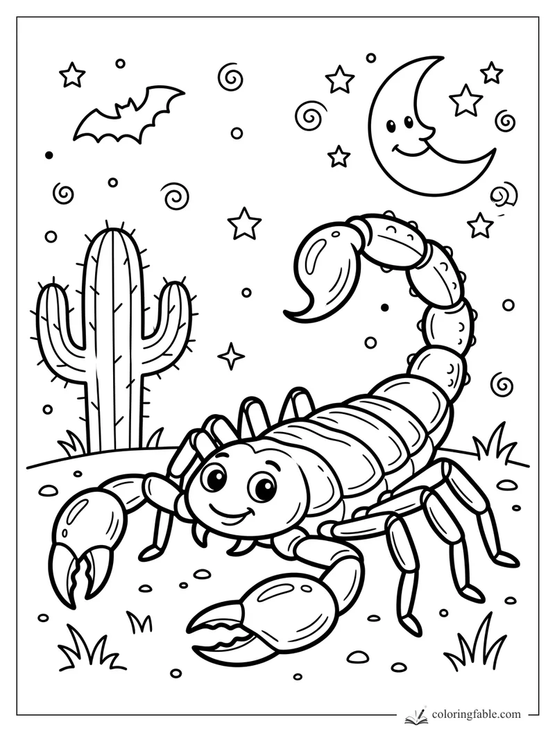 Cartoon scorpion with raised tail, cactus, bat, stars, swirls, and smiling crescent moon in a desert night