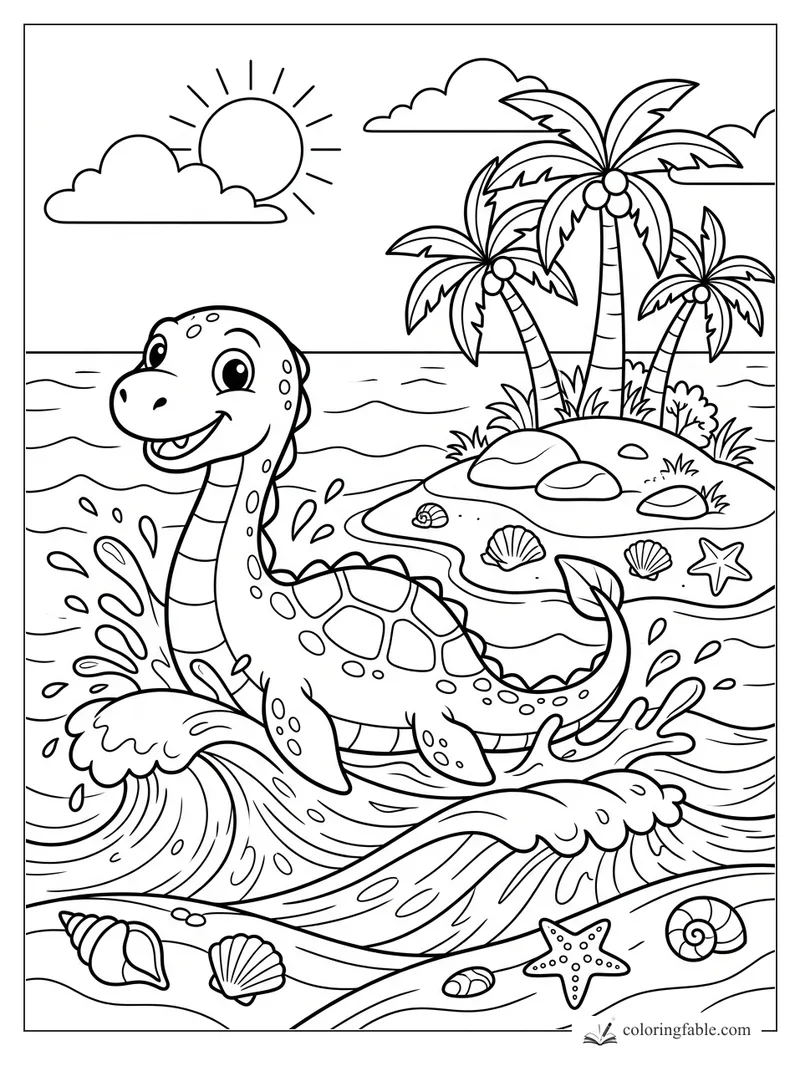 Cute sea monster splashing in waves near a palm island, shells, starfish, sun, and clouds