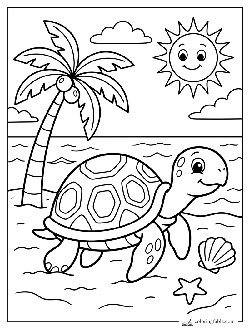 Cartoon sea turtle on a beach with a palm tree, smiling sun, seashell, and starfish.