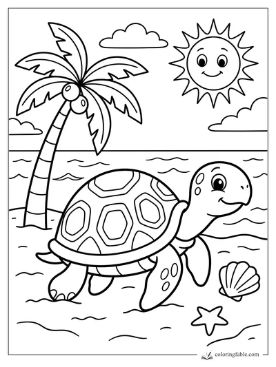 Cartoon sea turtle on a beach with a palm tree, smiling sun, seashell, and starfish.