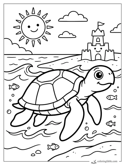 Easy sea turtle coloring page with smiling turtle, fish, waves, sun, clouds, and a sandcastle.