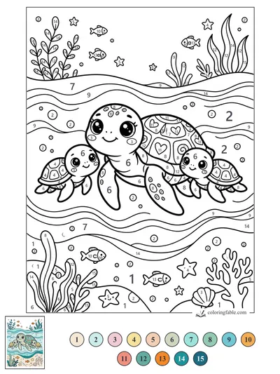 Smiling Sea Turtle Family with Heart Shells — color by number