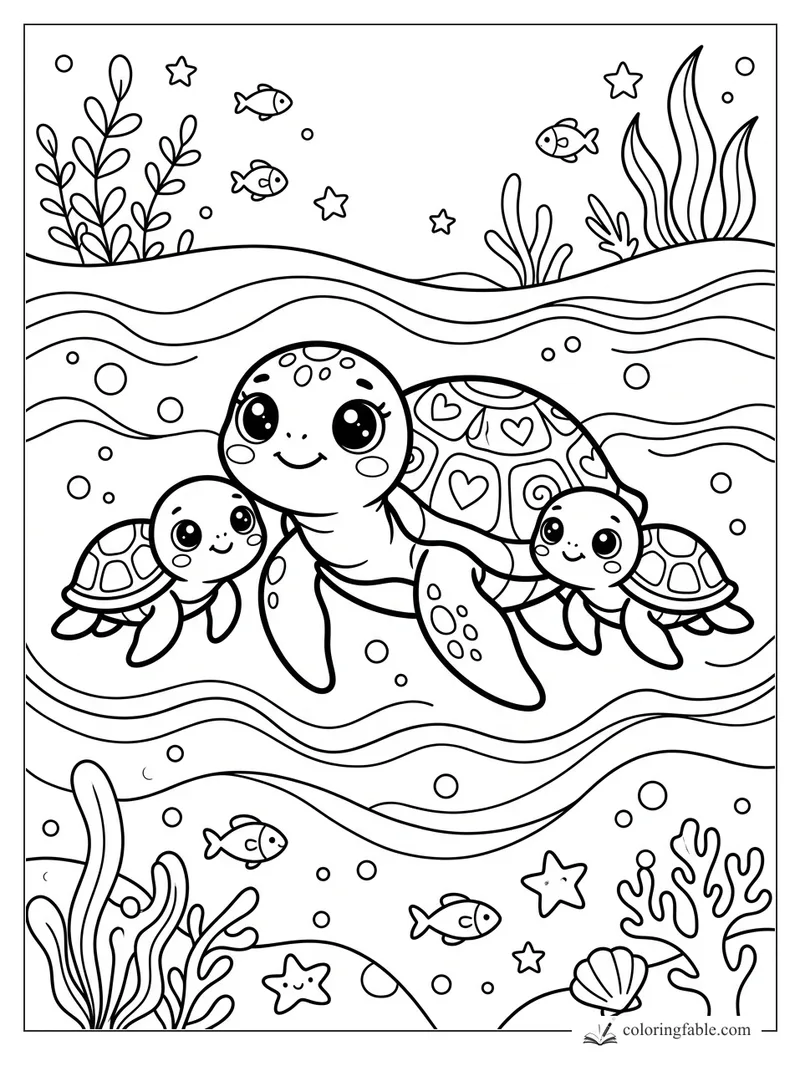 Kawaii sea turtle with two babies, heart-patterned shells, fish, bubbles, seaweed, and starfish underwater
