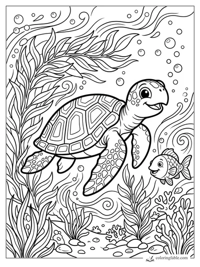 Cartoon sea turtle swimming past kelp, bubbles, coral, and a small fish in an underwater scene.