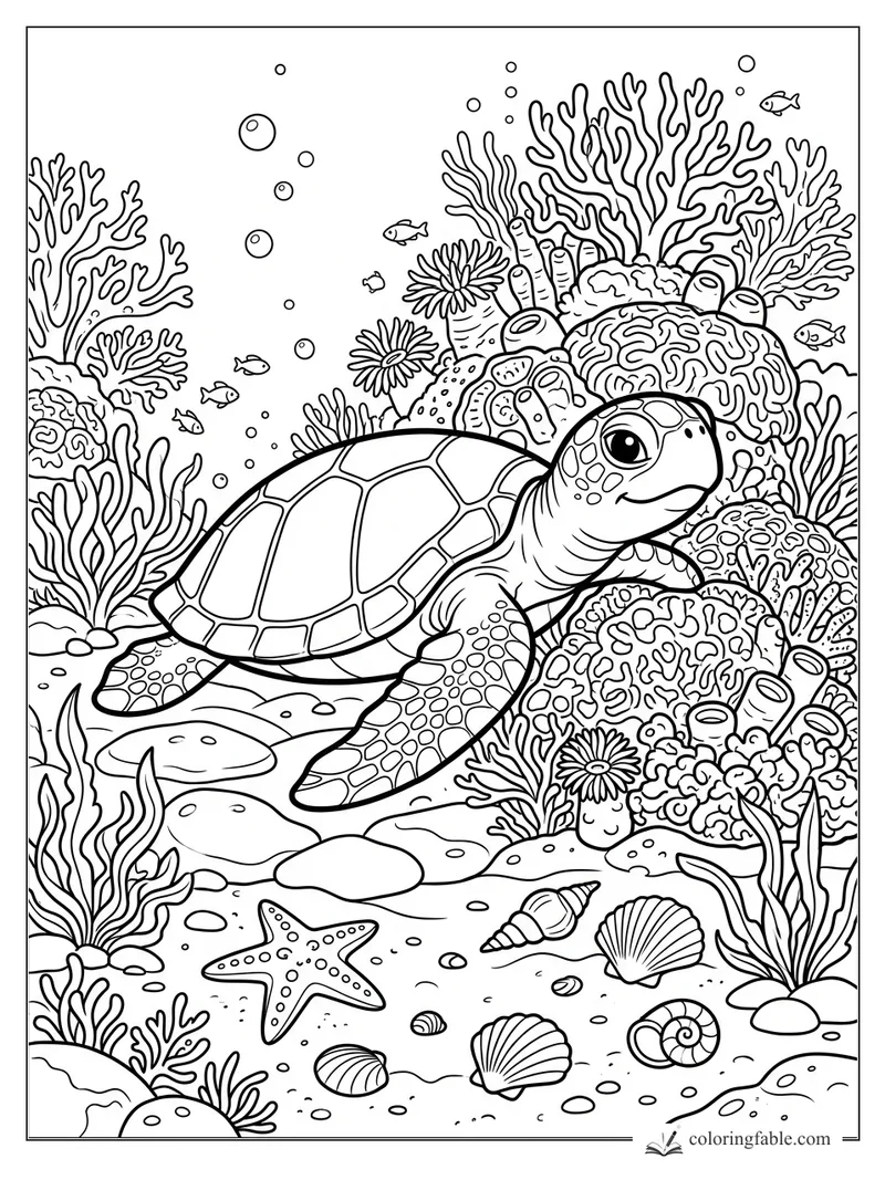 Cartoon sea turtle swimming past coral, bubbles, small fish, starfish, and seashells in a reef coloring page.