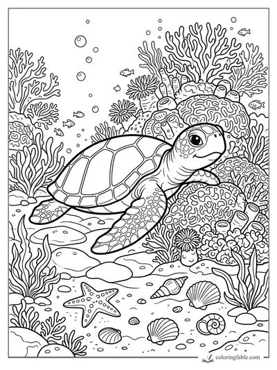 Cartoon sea turtle swimming past coral, bubbles, small fish, starfish, and seashells in a reef coloring page.
