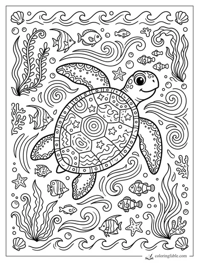 Doodle sea turtle with patterned shell, fish, starfish, shells, seaweed, bubbles, and curling waves.