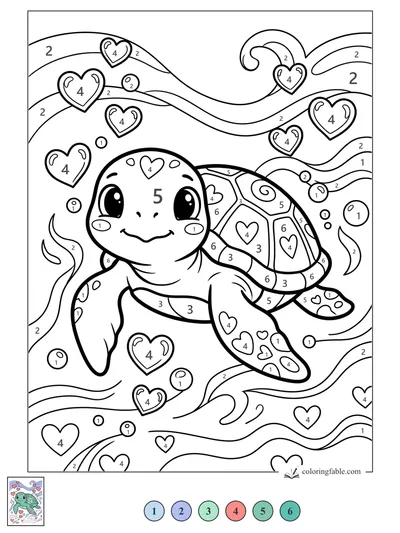 Smiling Sea Turtle in Heart Currents — color by number