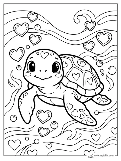 Kawaii sea turtle with heart-patterned shell swimming through wavy currents, bubbles, and floating hearts.
