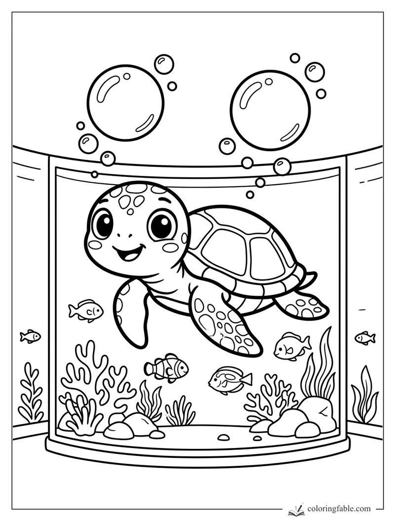 Kawaii sea turtle swimming in a curved aquarium with fish, bubbles, coral, rocks, and seaweed.
