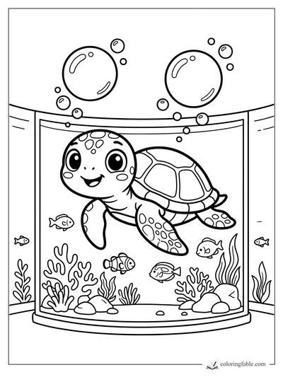 Kawaii sea turtle swimming in a curved aquarium with fish, bubbles, coral, rocks, and seaweed.