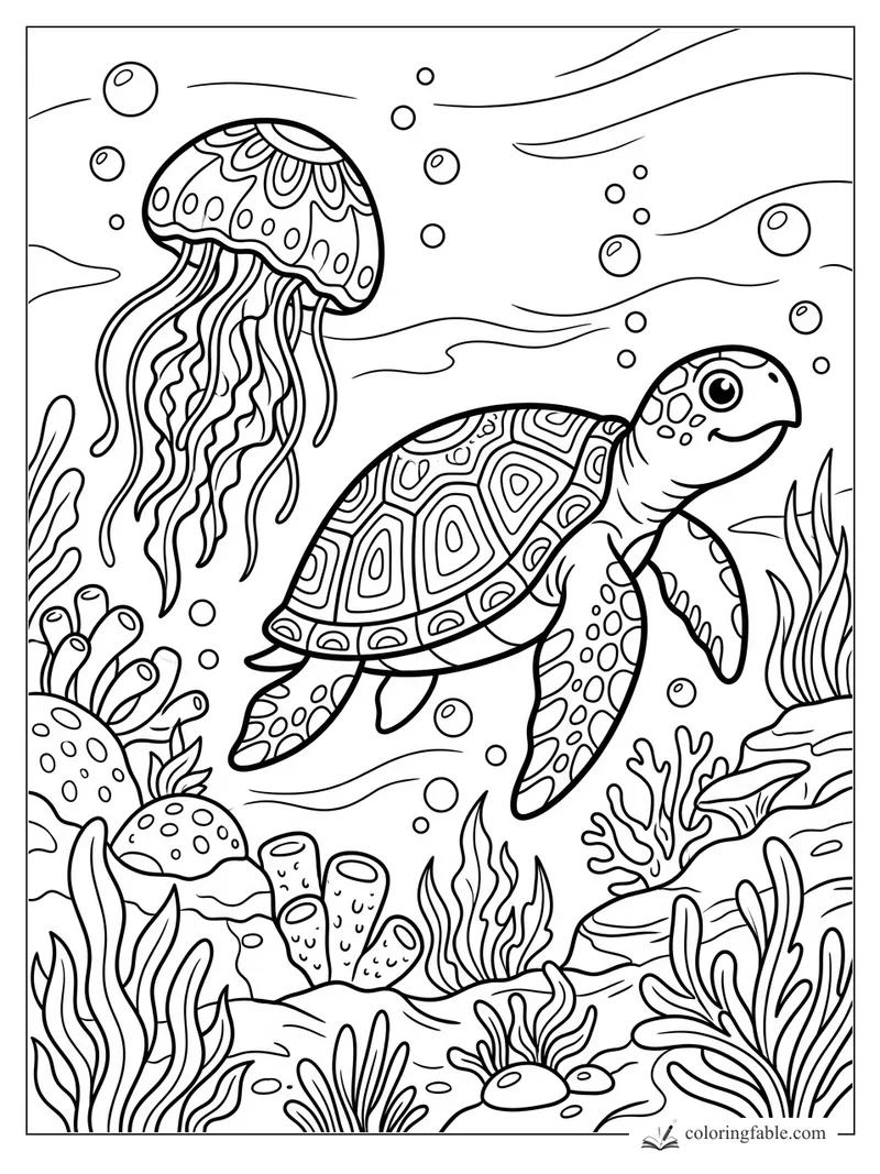Cartoon sea turtle swimming past a patterned jellyfish, bubbles, coral, and waving sea plants