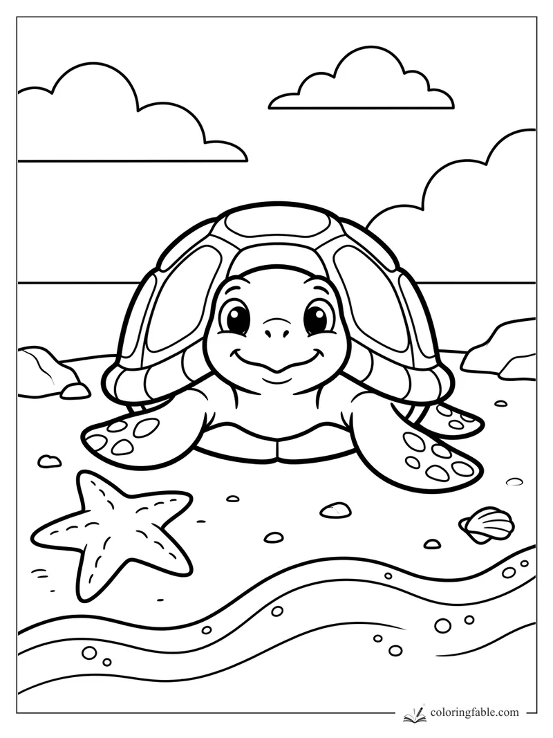 Smiling sea turtle with spotted flippers on a beach with starfish, seashell, waves, and clouds