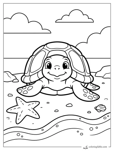 Smiling sea turtle with spotted flippers on a beach with starfish, seashell, waves, and clouds