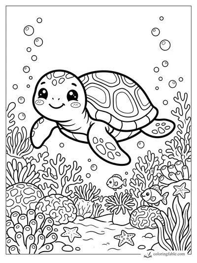 Kawaii sea turtle swimming above coral, bubbles, small fish, and starfish in an underwater reef scene