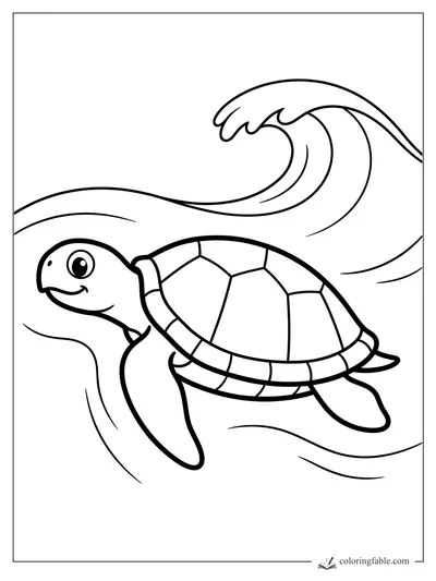 Minimalist sea turtle coloring page with a smiling turtle swimming beneath a curling ocean wave.