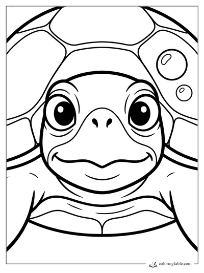 Easy sea turtle coloring page with a smiling face, big eyes, shell plates, and two bubbles.