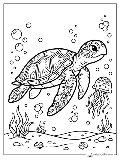 Cartoon sea turtle swimming past a jellyfish, bubbles, seaweed, shells, and sandy ocean floor