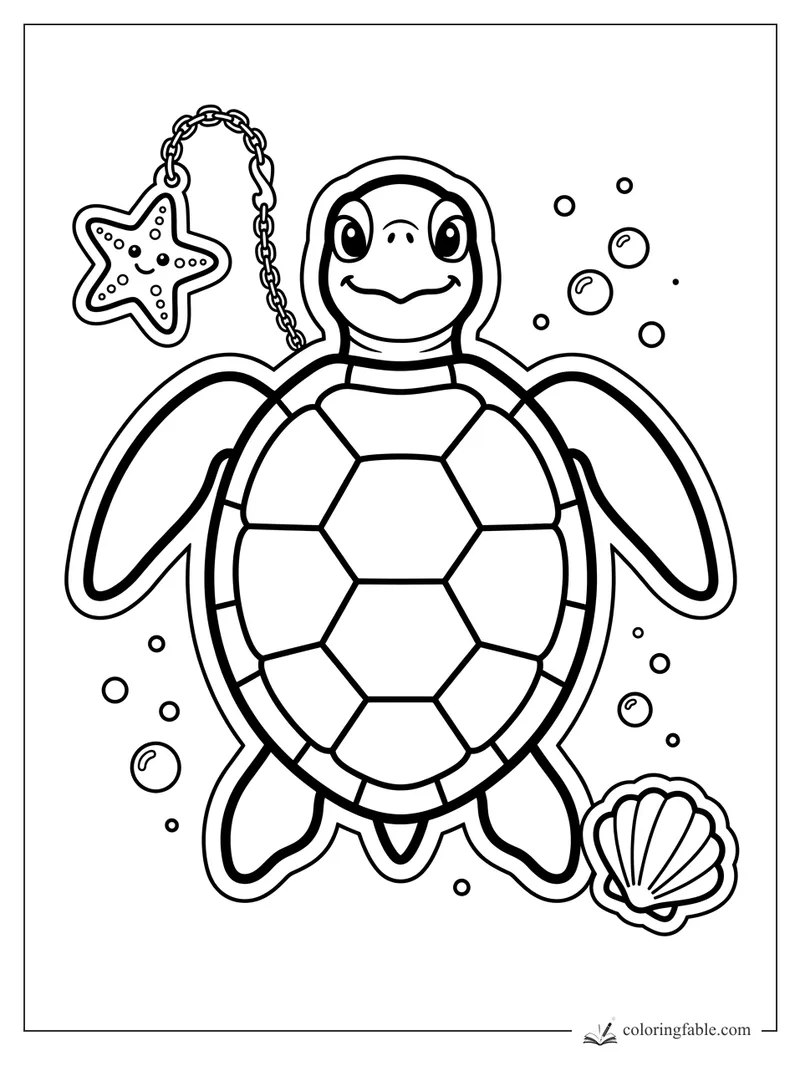 Smiling sea turtle sticker with bubbles, a chained starfish charm, and a scallop shell.