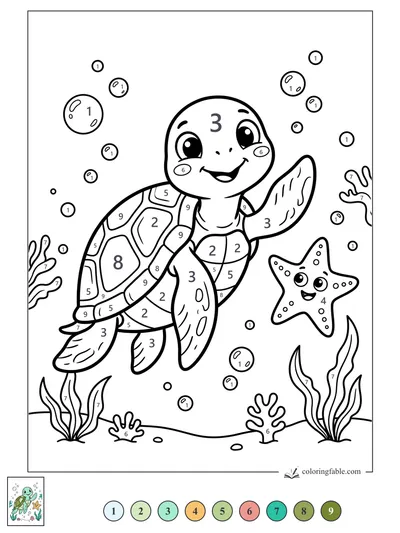 Smiling Sea Turtle with Starfish Friend — color by number