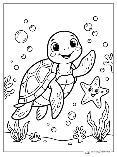 Cartoon sea turtle smiling beside a happy starfish, bubbles, seaweed, and coral on the ocean floor