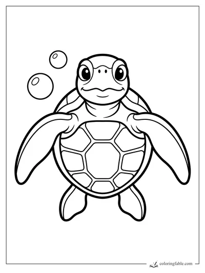 Easy sea turtle coloring page with big flippers, patterned shell, wide eyes, and two bubbles