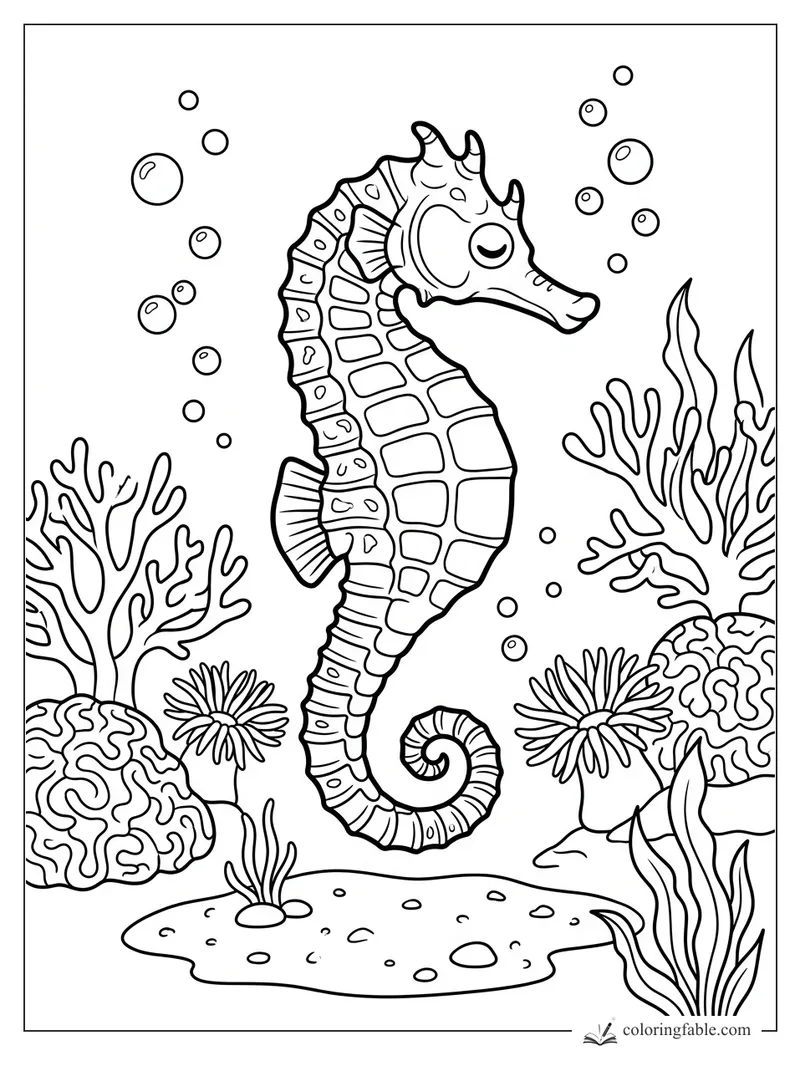 Smiling seahorse coloring page with coral, sea anemones, bubbles, and a curled tail.