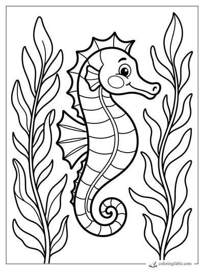 Bold easy seahorse coloring page with a smiling seahorse, curled tail, fins, and tall seaweed.
