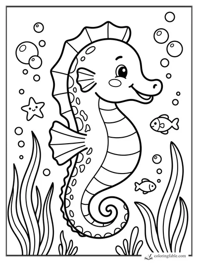 Kawaii seahorse with bubbles, small fish, sea star, and waving kelp in an underwater summer scene