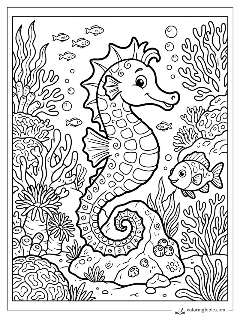 Cartoon seahorse with curled tail, fish, bubbles, coral, sea anemones, and reef rocks to color.