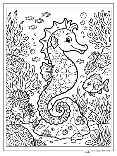 Cartoon seahorse with curled tail, fish, bubbles, coral, sea anemones, and reef rocks to color.