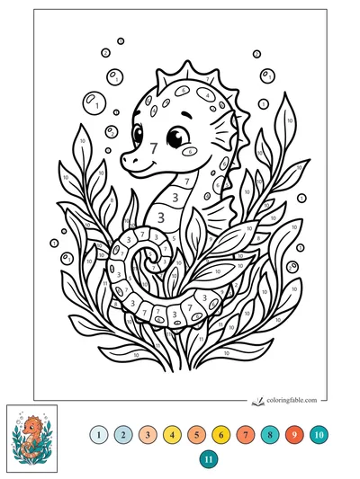 Smiling Seahorse in a Leafy Bubble Garden — color by number