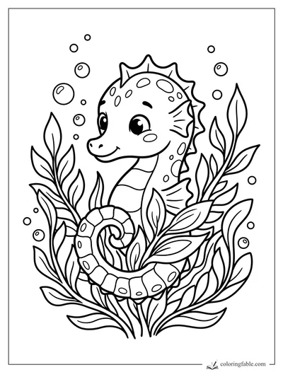 Cute smiling seahorse with curled tail, bubbles, spots, fins, and tall sea plants to color