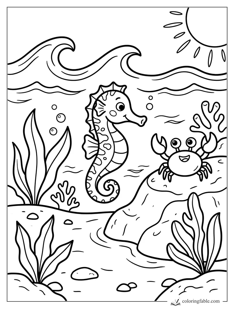 Easy seahorse coloring page with a smiling crab, coral, sea plants, waves, bubbles, and sun.