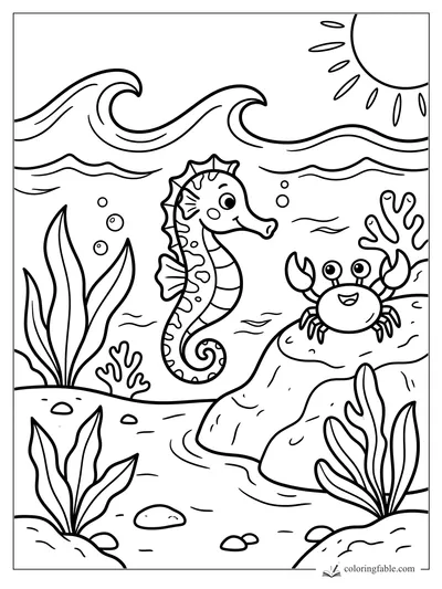 Easy seahorse coloring page with a smiling crab, coral, sea plants, waves, bubbles, and sun.