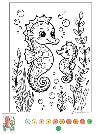 Smiling Seahorse Pair Among Seaweed — color by number