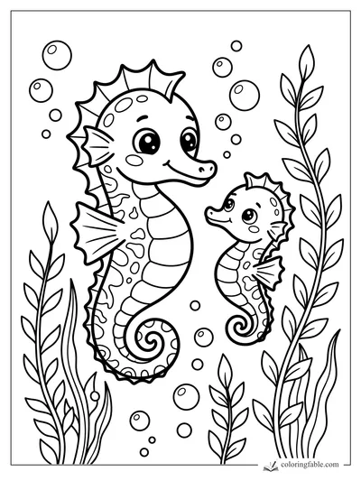 Kawaii adult and baby seahorses smiling between bubbles and tall seaweed fronds.