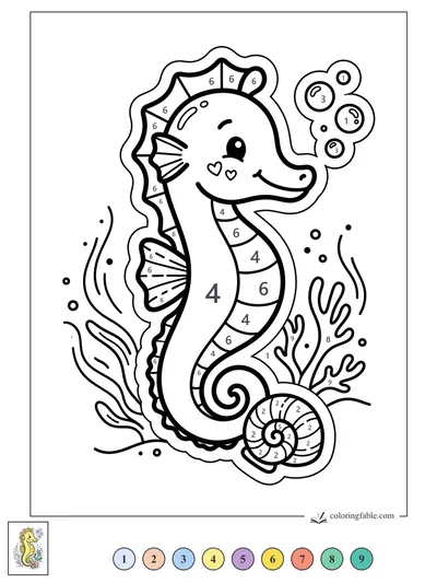 Smiling Seahorse with Bubbles and Spiral Shell — color by number