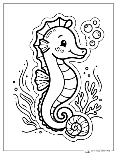 Cute sticker-style seahorse with heart cheeks, bubbles, seaweed, coral, and a spiral shell.